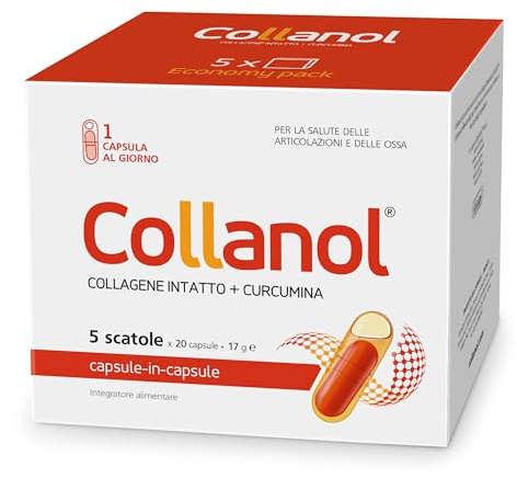 Collanol: Contribuisce alla normale funzione della cartilagine (articolare). Formula liquida in capsula doppia. Collagene 3D+curcumina micellare+vit.D+C+rame+manganese. 1caps al dì (100 caps)