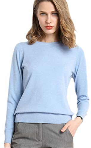 Suéter de cachemira para mujer, suéter básico de punto con cuello redondo, azul celeste, L