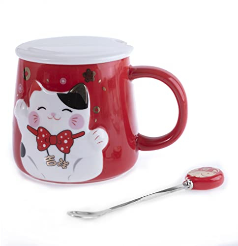 lachineuse - Tasse mit Relief – Dekor Katze Maneki Neko – Farbe Rot – mit Löffel – japanische Dekoration – Geschenkidee Japan Asien