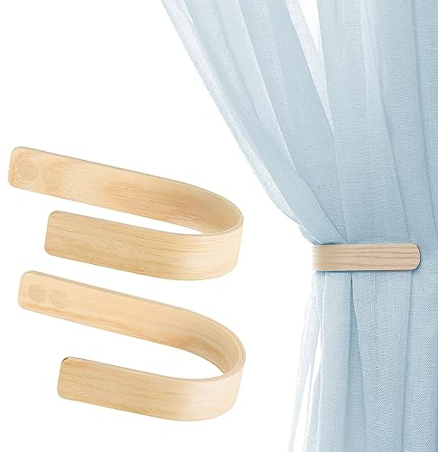 Selbstklebend Vorhang Raffhalter aus Holz - Set mit 2 Modernen Beige Raffhalter für Gardinen, Gardinenhalter Wand, Gardinenraffer, Gardinen Halterung, Holzvorhang-Rückzug Haken, Heimdekoration