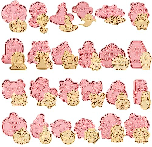 Bekecidi 24 PCS Halloween Cookie Cutters Set, Non Stick Candy Biscuit Mold Cookie Plunger Baking Decorating Molds Fondant Chocolate Press Molds Happy Halloween Bat Pumpkin Ghost Witch Skeleton
