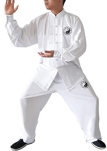 Dee Plus Uniforme Kung Fu Completo Tai Chi Arti Marziali Tai Chi in Cotone, Abbigliamento per Arti Marziali Meditazione per Donna Uomo Unisex, Wing Chun Vestiti con Manica Lunga Un Set - Bianco (XL)