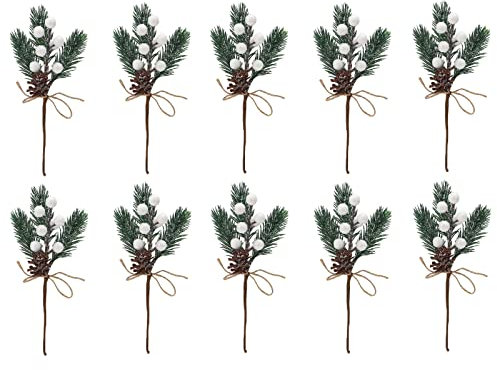 10/20 Stück Künstliche Kiefern-Picks, Beflockte Stechpalmen-Weihnachtsstiel mit Roten Beeren, Künstliche Tannenzapfen, Stechpalmen-Stiel Zum Basteln, Winterurlaub-Blumen-Picks Zum(10 Stück/Weiß)