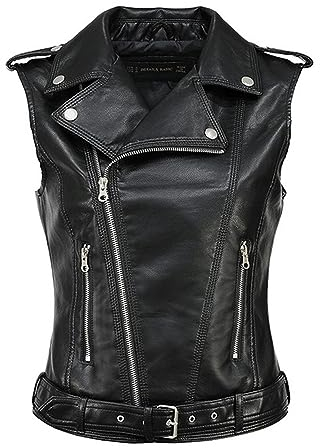 WSZJLN Streetwear Damen Soft PU Weste weiblich Plus Größe 5XL Faux Schaffell Revers Mantel Moto Biker Weste ärmellose Lederjacke-Schwarz-XXL