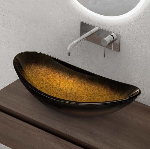 doporro Lavabo da Appoggio in Vetro Temperato Lavandino Bagno Ovale 53,5 x 35,5 x 16 cm Oro Nero Sfumato Lavello Design Artistico con Texture per Cucina WC Ospiti Minerva08