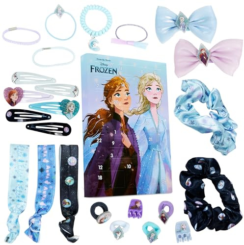 Disney Frozen Calendrier de l'Avent 2026 Fille avec 24 Accessoires Cheveux | Compte à Rebours Noel avec Pince Cheveux, Chouchous, Nœuds et Plus Accessoires de Coiffure, Mignon Cadeau Fille (Bleu/Violet)