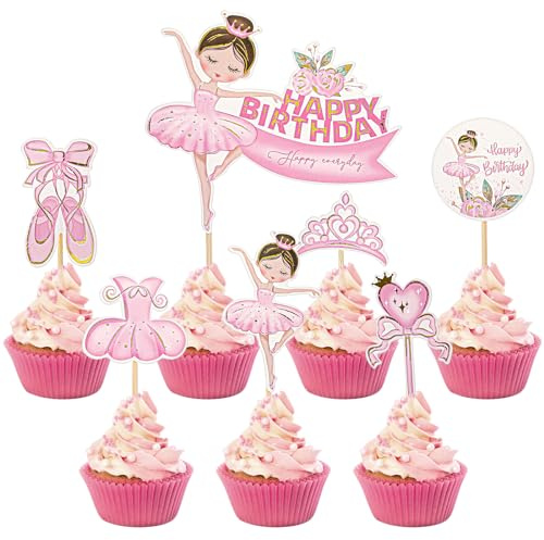 Prasacco - Lot de 28 décorations de gâteau en forme de ballerine - 4 motifs différents, 7 pièces de chaque - Fête d'anniversaire, fête prénatale - Rose