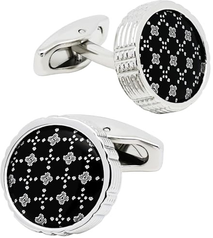 Jonwo Round Black Cufflinks with Floral Patterns for Men Lady In Gift Case | Classic Silver Tone Men's Cufflinks Jewelry Set for Wedding Anniversary Business Party Events Tuxedo Dress Shirt