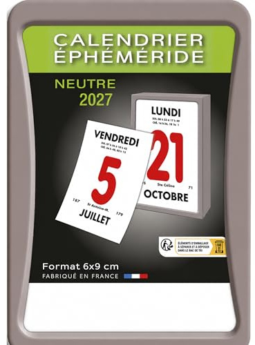 Calendrier Éphéméride 2027 à Effeuiller Bloc Mural Adhésif 6 x 9 cm | Saints du jour, lever et coucher du soleil - Adhésif, fixation murale ou frigo