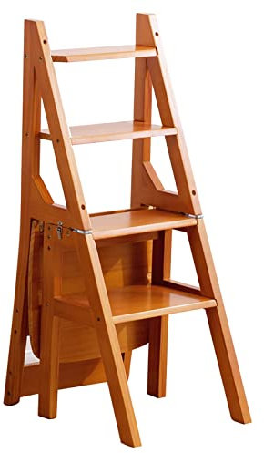 LBLFEBD 4 Step Ladder Chair Wooden Step Stool, Folding Library Step Bookshelf Ladder Multifunction Stepladder Stairway Chair for Indoor Kitchen and Office 400lbs