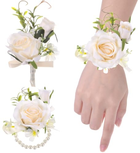 M METERXITY 1-Set Armband-Korsage und Ansteckblumen-Set, künstliche Blumen Armband-Korsage Armbänder und Herren-Korsage für Hochzeit/Party/ [Champagner]