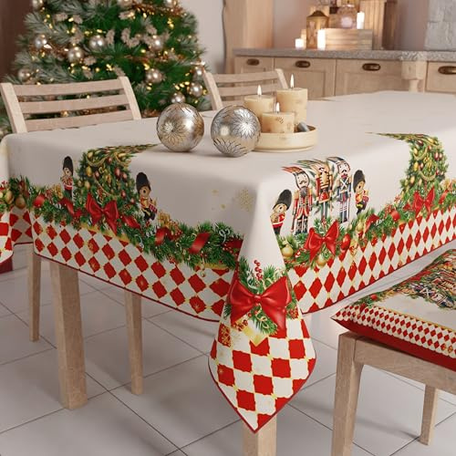 PETTI Artigiani Italiani - Nappe de Noël Anti-Taches Rectangulaire Couvre-Table pour Cuisine, Motif Casse-Noisette Rouge X6 Places (140 x 180 cm) 100% fabriqué en Italie