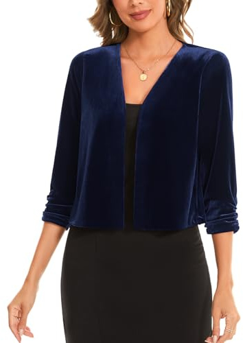 MINTLIMIT Women's Velvet Cardigan Sweater with 3/4 Ruched Sleeves for Leisure and Work Bolero Shrugs (Navy Blue M)