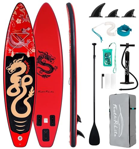 FEATH-R-LITE Stand Up Paddle Boards Aufblasbare Paddleboards für Jugendliche und Erwachsene, mit Zubehör, einschließlich verstellbarem Paddel, Rucksack, Pumpe, Leine, Flossen (Red Dragon)