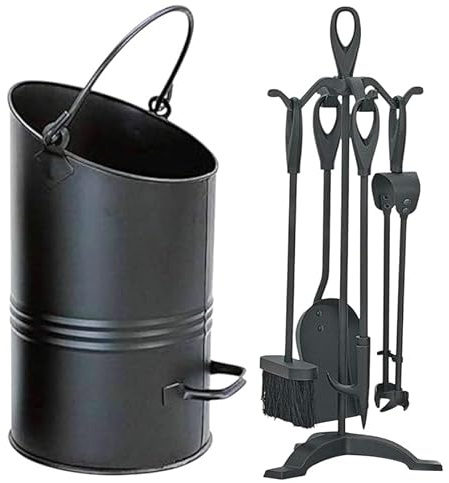 Coal Bucket/Coal Scuttle Hod and 5 Pieces Companion Set Fire Tools Fireplaces Fireside and Accessories (Black)