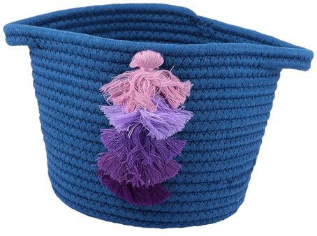 ANDRESLAD Decorative Tassel Storage Basket Handwoven Woven Makeup Storage Box with Blue Fringe for Desktop Sundries Organizer