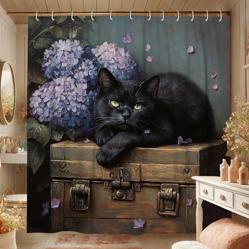 Tenda da doccia a forma di gatto, design floreale con ortensia blu viola, per decorazione del bagno, tenda da doccia moderna artistica in tessuto impermeabile con ganci, 152 x 183 cm