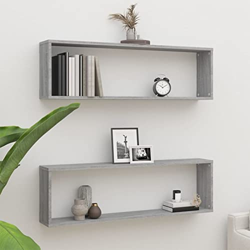 Tidyard Étagères murales Cube 2 pcs Sonoma Gris 100x15x30 cm Bois Tablette Flottante, Étagères Murale de Rangement Suspendue pour Salon, Salle de Bain, Chambre, Couloir, Cuisine