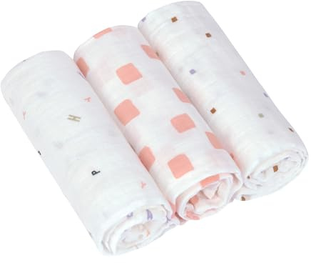LÄSSIG Panno per ruttini per neonati in mussola set di 3 pezzi in cotone 60 x 60 cm/Swaddle & Burp Blanket M Happy Fruits peach