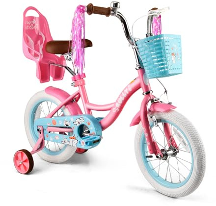 RULLY Bicicletta per bambina 14 pollici rosa con rotelle – Bici per bambini con cestino e seggiolino bambola per 3–5 anni, regalo per bambine
