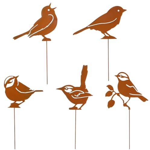 VerLuky 5 Piquets de Jardin Décoration Oiseau Rouille avec Tige en Métal,Décoration Oiseau Métal pour Jardin Terrasse Balcon