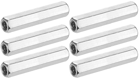 M METERXITY 6-Pack M6 x 1-Pitch Hex Coupling Nuts, 50mm/1.97 Length | Fully Threaded Rod, 304 Stainless Steel, for Machine, Industrial, Studding Connector Fasteners, Silver Tone