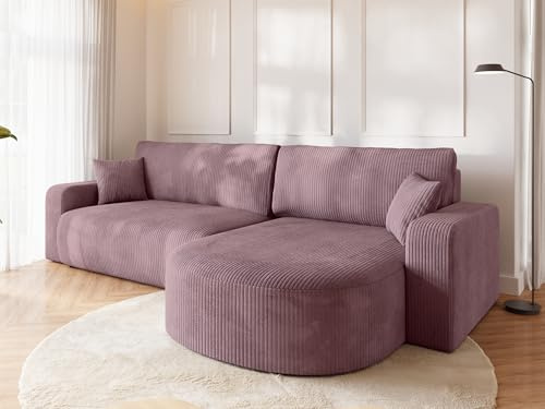 BROMARKT Ecksofa mit Schlaffunktion Kissen und Bettkasten L-Form Puderrosa | Wohnlandschaft für Wohnzimmer freistehendes großes Sofa Eckcouch mit Kissen Cordstoff Sofabett Sofabed BISK