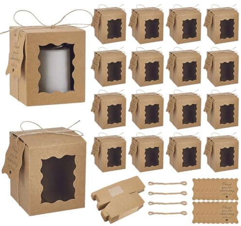 PH PandaHall 50 cajas de regalo para velas, cajas de regalo de papel kraft de 8,5 x 8,5 x 10 cm, caja de embalaje pequeña con etiquetas visibles para ventana y cuerdas para tarro de velas de 10 onzas
