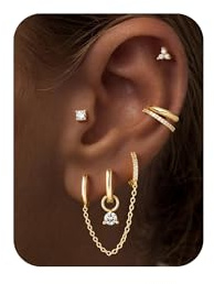 TINGN Hypoallergenic 14K Gold Plated Hoop Stud Earring Stacks for Women Trendy - Chain Cartilage Earrings Cute Silver Huggie Earrings Sets for Multiple Piercing Jewelry Lightweight