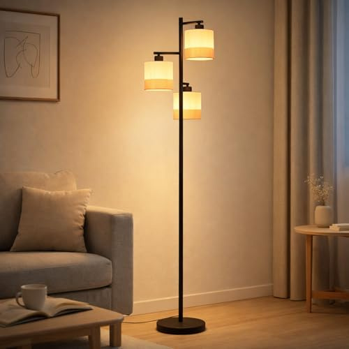CBJKTX Stehlampe Wohnzimmer Stehleuchte Vintage Stoff Standlampe 3 Flammig | Standleuchte Schwarz Retro Leselampe E27 Rustikal Bodenlampe mit Fußschalter für Schlafzimmer Büro (ohne Leuchtmittel)