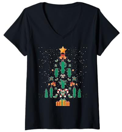 Womens Succulent Cactus Christmas Tree Xmas V-Neck T-Shirt