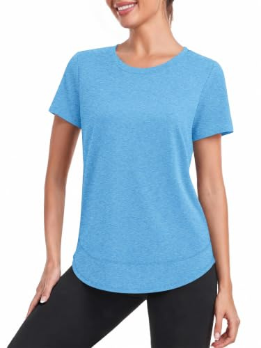 Fisoew Damen Sportshirt Fitness Rundhals T-Shirt Kurzarm Workout Tops Leicht Gym Oberteile