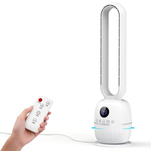 Teoryieer Ventilador de Torre sin Aspas, Ventilador de Pie Silencioso,12 Velocidades, Temporizador de 12 Horas, Oscilación de 60°, Pantalla LED,Ideal para Dormitorios, Salas de Estar (Blanco1)