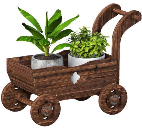 Outsunny Carretilla de Madera Decorativa Asa 68x38x52 cm Carbonizado | Jardinera Elevada con 4 Ruedas, Orificios de Drenaje, Macetero Exterior para Cultivos de Plantas, Flores, Terraza, Jardín