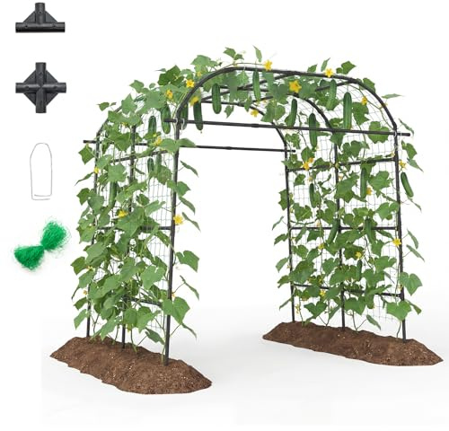 HOMASIS Arche de Jardin pour Plantes Grimpantes, Treillis de Jardin Robuste en Métal avec Revêtement PE & Filet, Idéal pour Jardinage Vertical Tomates Concombres Roses, Décoration de Fête