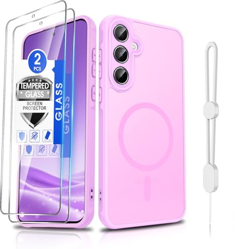 Dizn Magnetisk Fodral för Samsung Galaxy A55 5G Skal med Härdat Glas Skärmskydd, Kompatibelt med MagSafe trådlös laddning, Matt transparent,Militär kvalitet, Stötsäker Mobilskal Case,Rosa