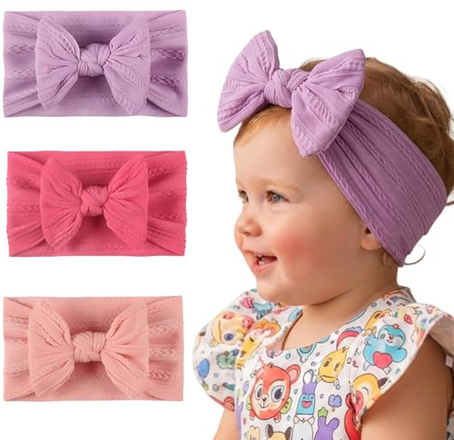 3 Pezzi Fiocco Capelli Nylon per Bambina, Fascia Turbante con Fiocco, Accessori Capelli Neonata, Colori Fucsia Viola Rosa, Design Morbido Elegante, per Nascita e Feste