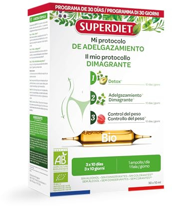 SUPERDIET - PROTOCOLLO SNELLENTE BIOLOGICO - Programma completo di Drenaggio - Rimozione & Bruciatore del grasso - Made in France - 30 fiale da 15 ml