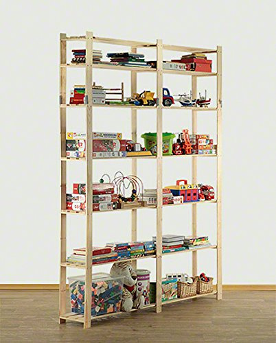 MODO24 Holzregal, 7 Regalböden, Eckregal, Standregal, Kellerregal, Lagerregal, Bücherregal, Wandregal, Büroregal, für Wohnzimmer, Küche, Keller, Garage, Abmessungen 220x170x28 cm, Farbe: Naturholz