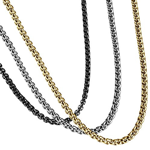 Flongo 3 stycken 4 mm bred rostfritt stål halskedja pansarkedja vetekedja länk silver svart guld guld guld män, kvinnor 61 cm, Rostfritt stål, Ingen ädelsten