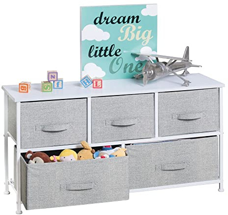 mDesign 21.65 High Steel Frame/Wood Top Storage Dresser Furniture with 5 Fabric Drawers, Wide Bureau Organizer for Baby, Kid, and Teen Bedroom, Nursery, Playroom, Dorm - Lido Collection, Gray