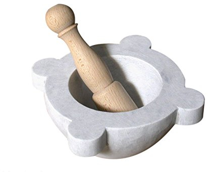 Mortaio da Cucina in Marmo Bianco con Pestello Legno White Marble Mortar 20cm