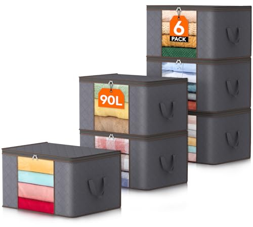 Lifewit 6 Stück 90L Große Aufbewahrungstasche Schrank Organizer Set, Faltbar Kleideraufbewahrung mit verstärkt Griff, stabilem Reißverschluss für Kleidung, Bettwäsche, Bettdecken, Steppdecke, Grau
