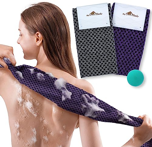myHomeBody Extra langer Peeling-Waschlappen | Japanischer Waschlappen | 3D-Textur Obsidian and Raisin Dots, 2er-Set mit Bonus-Gesichtsbürste
