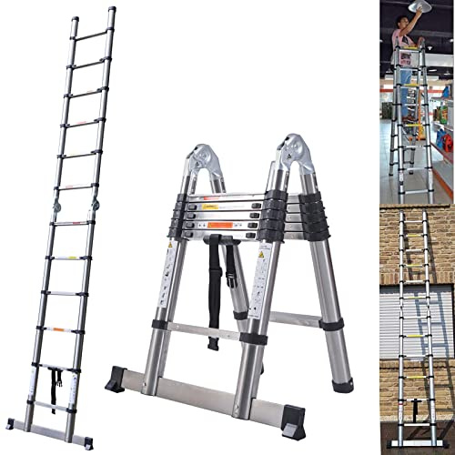 Steel Folding Ladder - 12.5ft/3.8m Telescopic, Foldable, Retractable, A-Frame for Home, Stairs, Window Cleaning, Garden Working