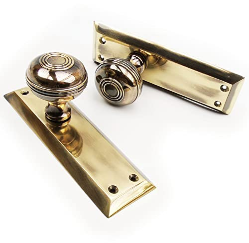 Jones & Grey Bellport New York Solid Antique Brass Round Knobs Mortice Door Handles on Backplate
