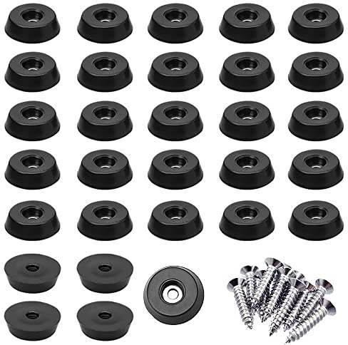 30 Pcs Round Black Rubber Feet with Steel Screws Anti-Slip Furniture Pads Black Bumper Pads for Cabinet Desk Tables Couches (25 * 23 * 9mm)