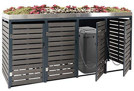 4er Mülltonnenverkleidung HWC-K14AM, Mülltonnenbox mit Pflanzkasten, 124x265x84cm WPC Edelstahl - anthrazit