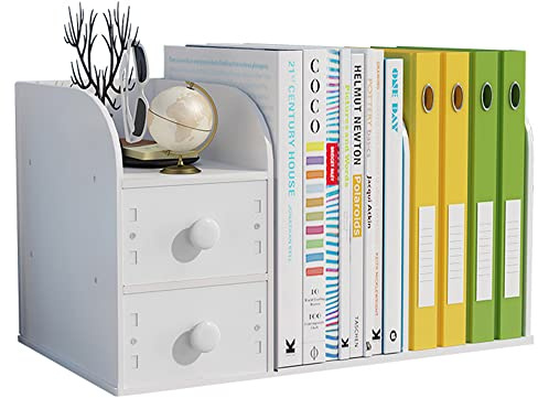 Hggzeg Desktop Bookshelf with Drawer, Countertop Bookcase, Desk Organiser | Desk Organiser Office Supplies Storage Rack, For Bedrooms, Playrooms, Classrooms or Offices(White)