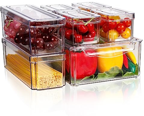 Diealles Shine Organizador Frigorifico, Juego de 7 Organizador Nevera Transparente, Fridge Organizer with Lids, Almacenaje Nevera Apilable para La Cocina Encimeras y Refrigerador